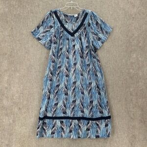 Loungees Pockets XL Blue Feather Print Cotton Muumuu House Dress Flutter Sleeve